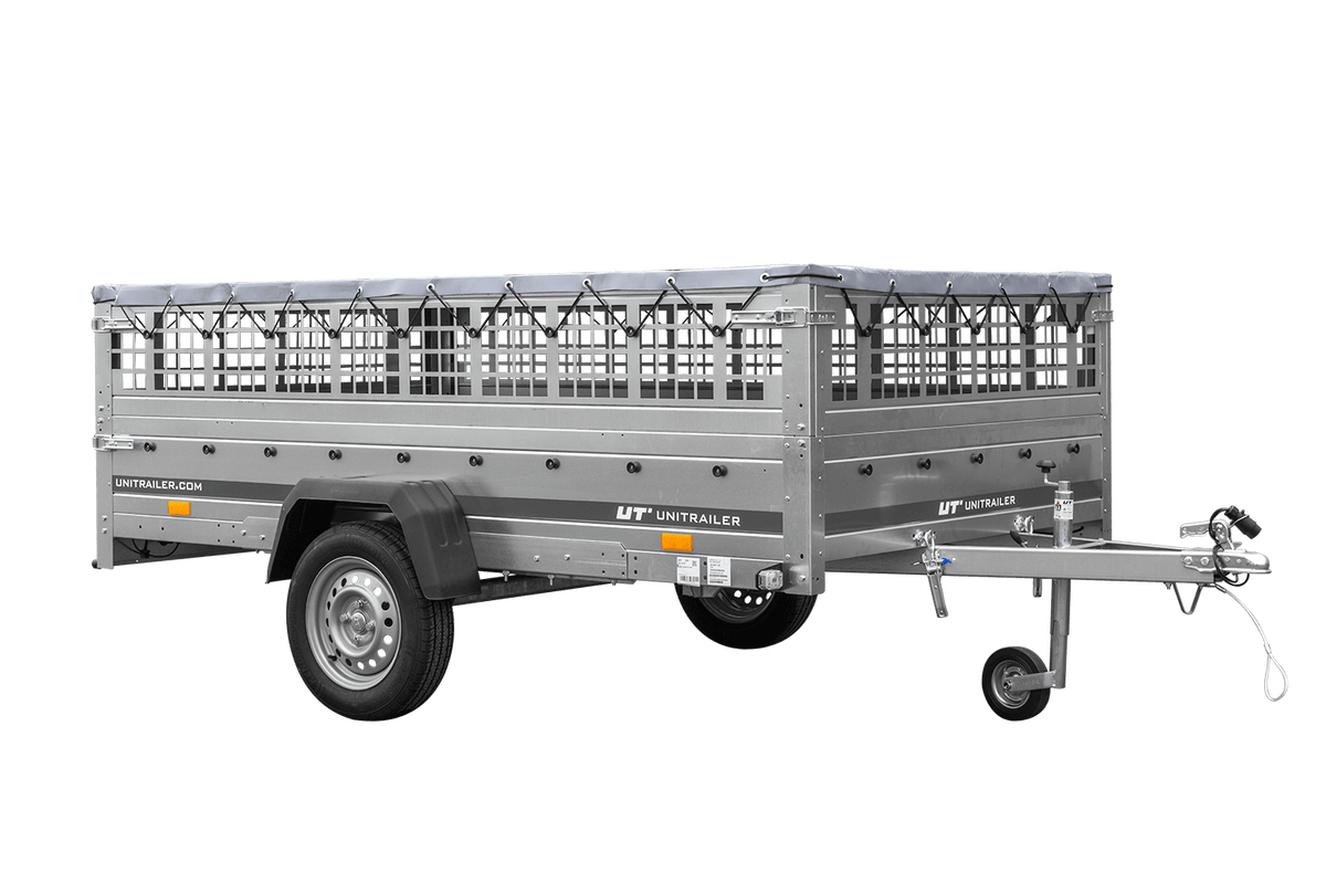 Reboque leve 264x150 UNITRAILER GARDEN 265 KIPP com taipais em rede, chassis H-0 e lona cinzenta