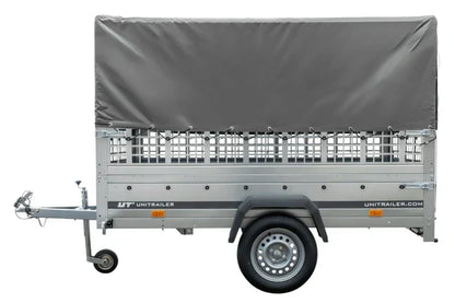 Atrelado grande 230×125 com lona alta cinzenta, grades laterais e roda de apoio – Garden Trailer 230 KIPP
