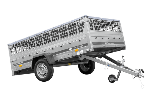 Reboque leve 264x150 UNITRAILER GARDEN 265 KIPP com taipais em rede, chassis H-0 e lona cinzenta
