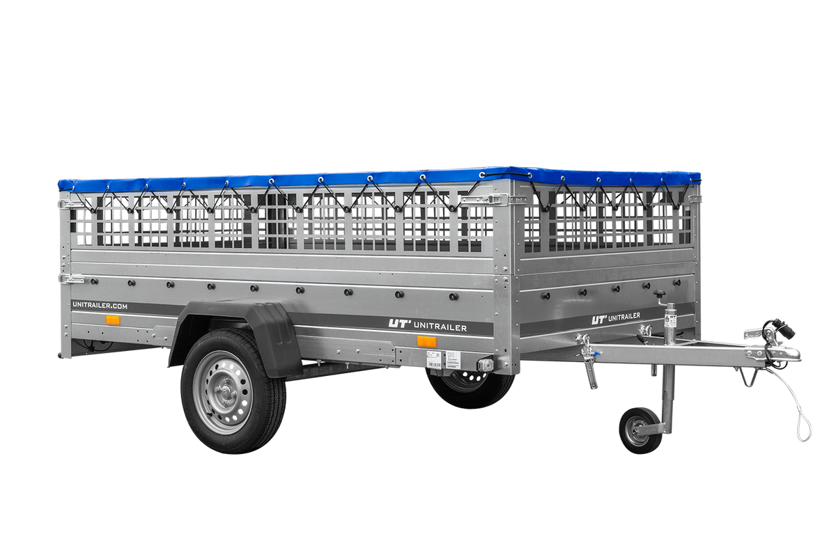 Reboque leve 264x150 UNITRAILER GARDEN 265 KIPP com taipais de rede, chassis H-0 e lona azul