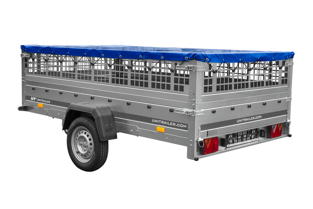 Reboque leve 264x150 UNITRAILER GARDEN 265 KIPP com taipais de rede, chassis H-0 e lona azul