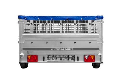 Reboque leve 264x150 UNITRAILER GARDEN 265 KIPP com taipais de rede, chassis H-0 e lona azul