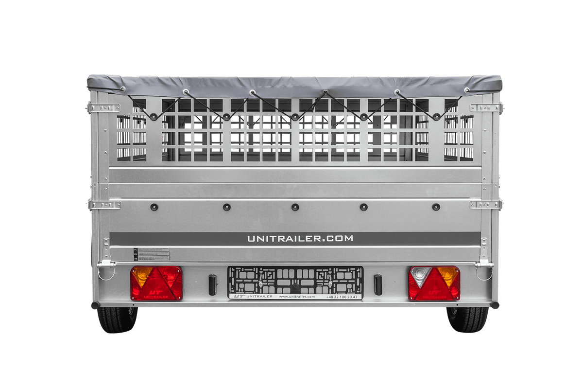 Reboque leve 264x150 UNITRAILER GARDEN 265 KIPP com taipais em rede, chassis H-0 e lona cinzenta