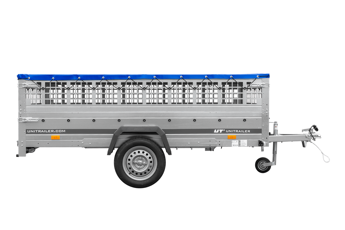 Reboque leve 264x150 UNITRAILER GARDEN 265 KIPP com taipais de rede, chassis H-0 e lona azul