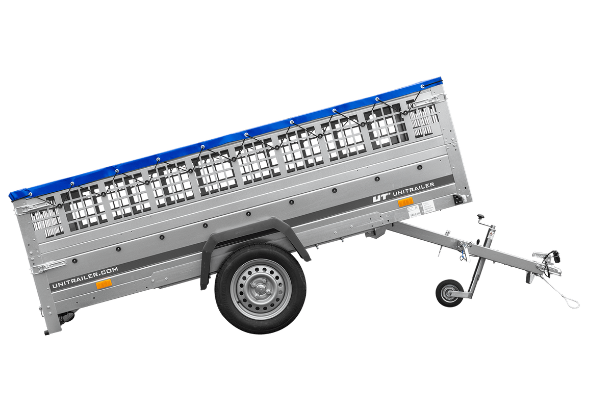 Reboque leve 264x150 UNITRAILER GARDEN 265 KIPP com taipais de rede, chassis H-0 e lona azul