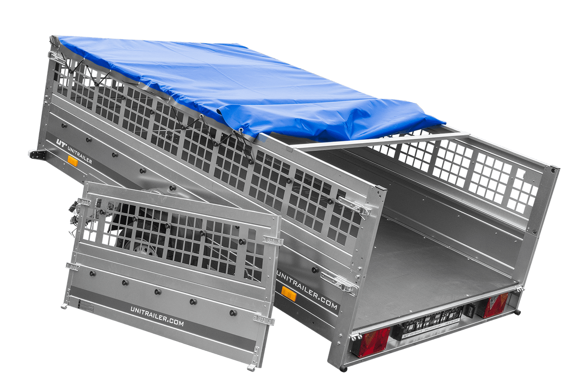 Reboque leve 264x150 UNITRAILER GARDEN 265 KIPP com taipais de rede, chassis H-0 e lona azul