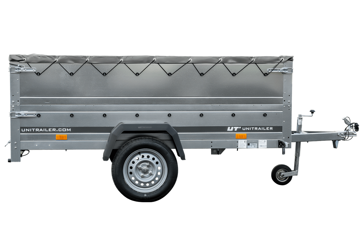 Reboque grande 230x125 com lona plana cinzenta, extensores de taipais e roda jockey – Garden Trailer 230 KIPP