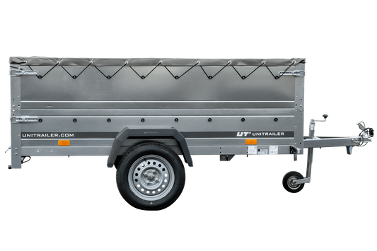 Reboque grande 230x125 com lona plana cinzenta, extensores de taipais e roda jockey – Garden Trailer 230 KIPP