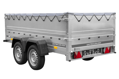 GARDEN TRAILER 264/2 KIPP reboque de dois eixos com roda jockey, chassis H-0, taipais BIS e lona plana cinzenta