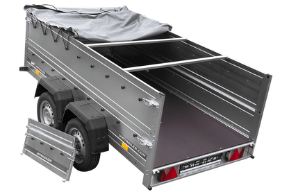 GARDEN TRAILER 264/2 KIPP reboque de dois eixos com roda jockey, chassis H-0, taipais BIS e lona plana cinzenta