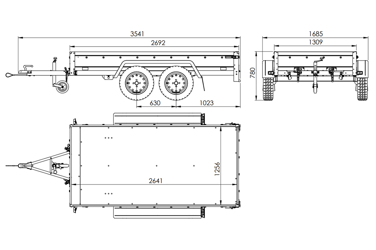 GARDEN TRAILER 264/2 KIPP reboque de dois eixos com roda jockey, chassis H-0, taipais BIS e lona plana cinzenta